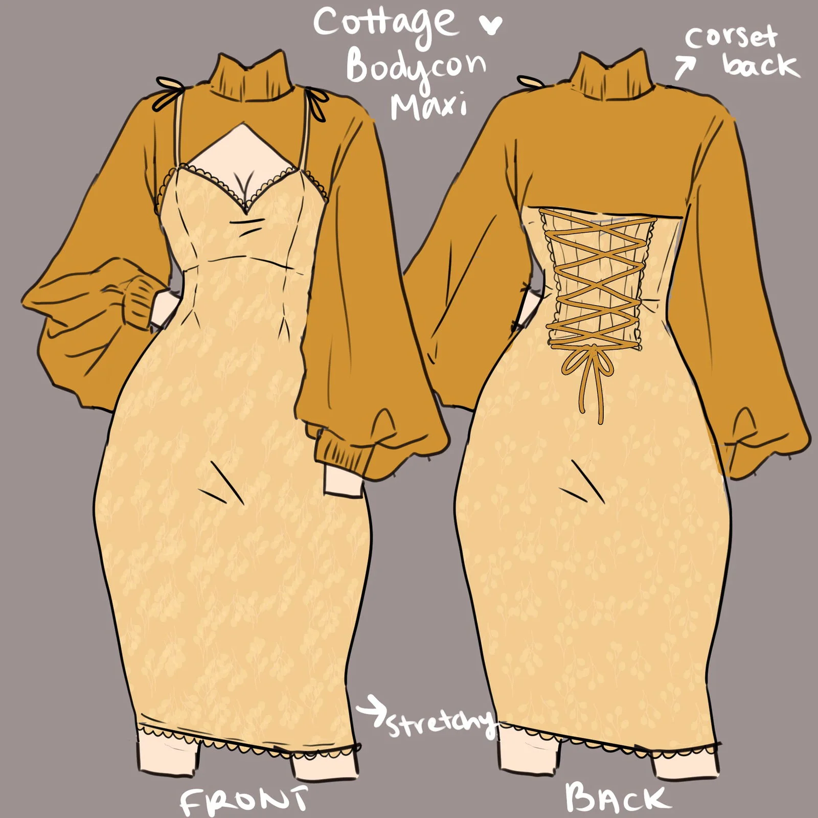 Cottage Bodycon Dress (Mustard) - Image 3